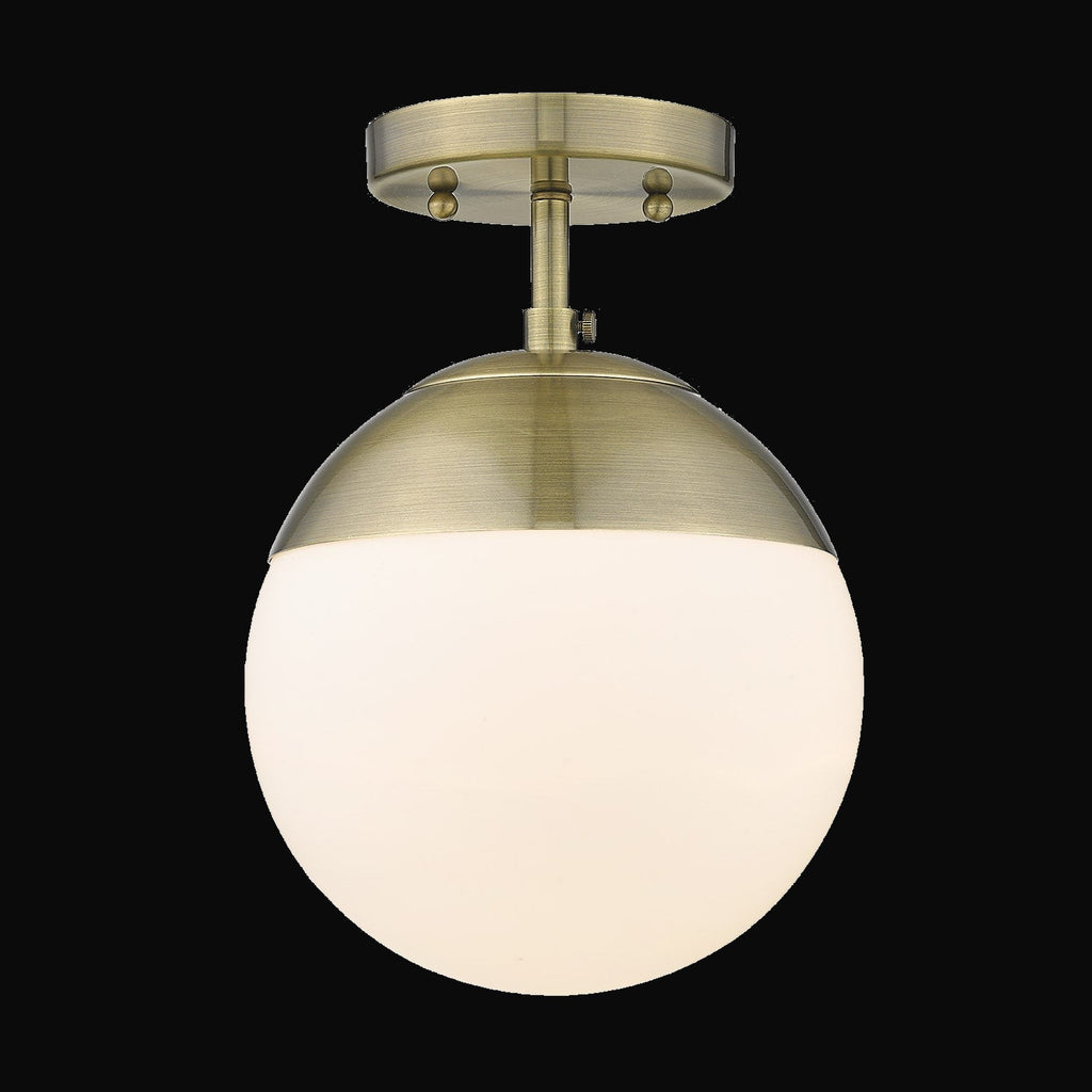 Semi-plafonnier Dixon, laiton vieilli, verre opale et capuchon laiton vieilli