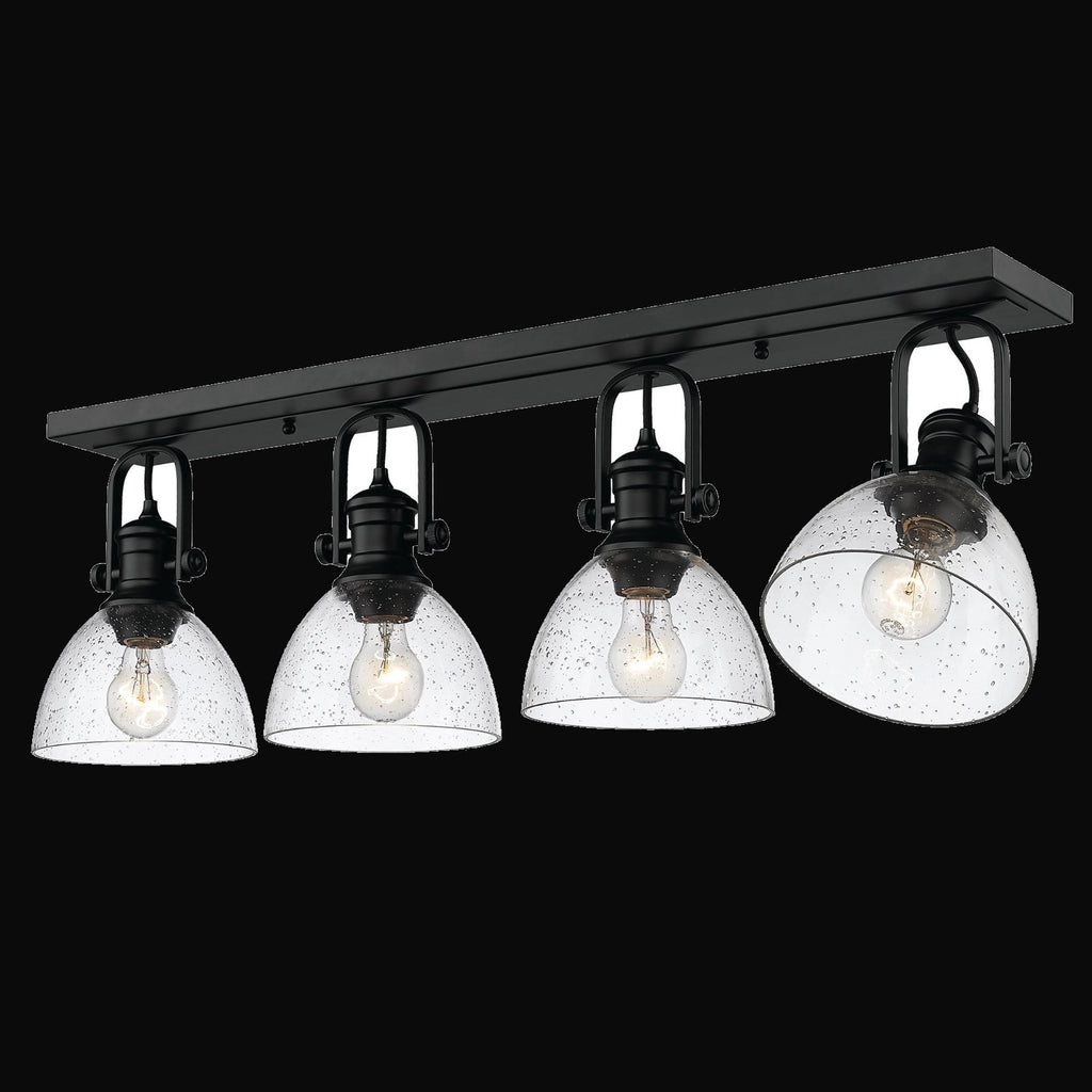 Semi-plafonnier Hines 4 lumières, noir mat, abat-jour en verre bullé