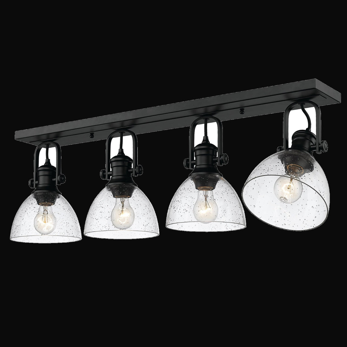 Semi-plafonnier Hines 4 lumières, noir mat, abat-jour en verre bullé
