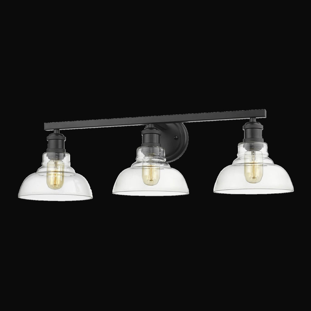 Applique de salle de bain Carver 3 lumières, noir mat, abat-jour en verre clair