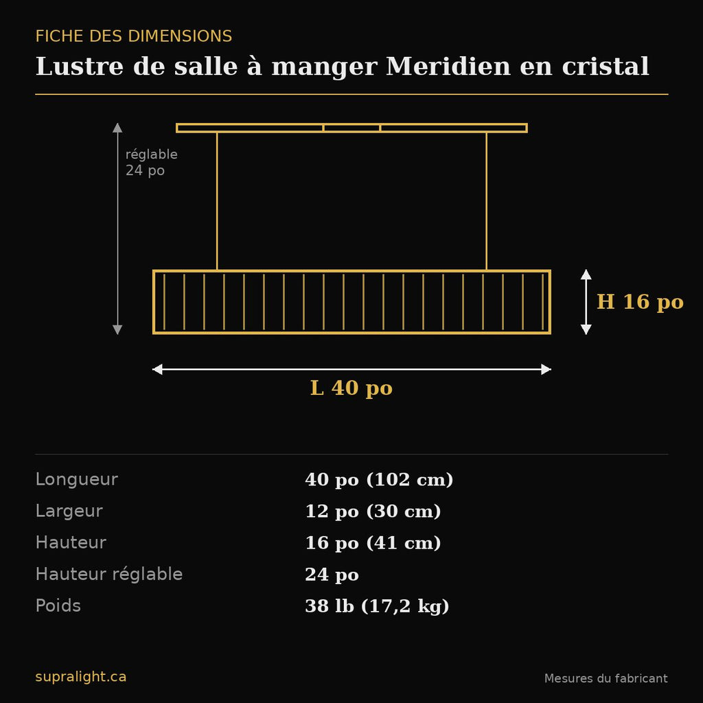 Lustre de salle à manger Meridien en cristal – dimensions