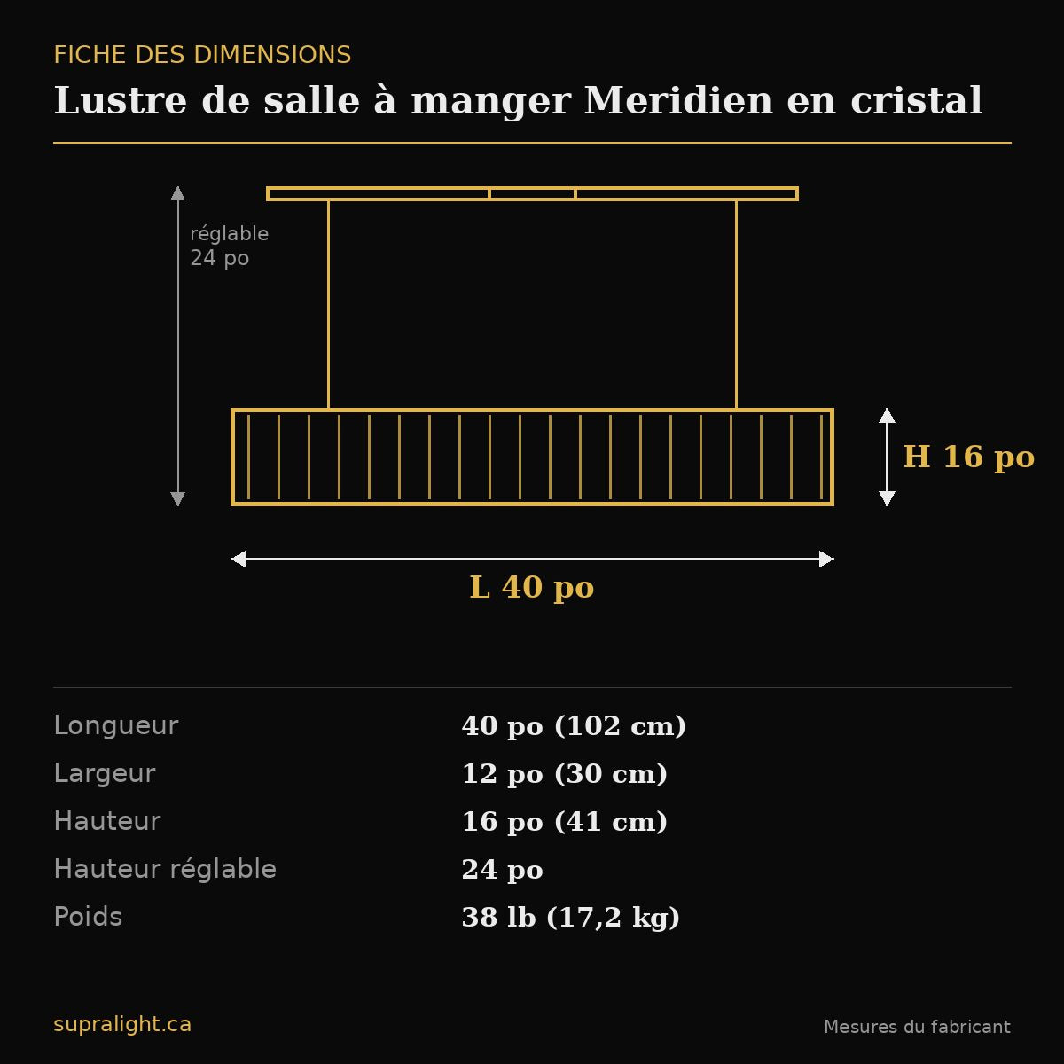 Lustre de salle à manger Meridien en cristal – dimensions