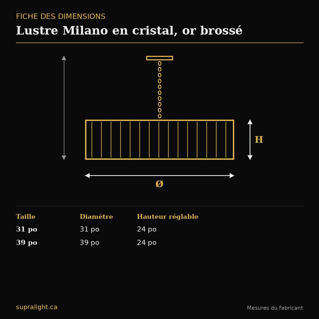 Lustre Milano en cristal, or brossé – dimensions