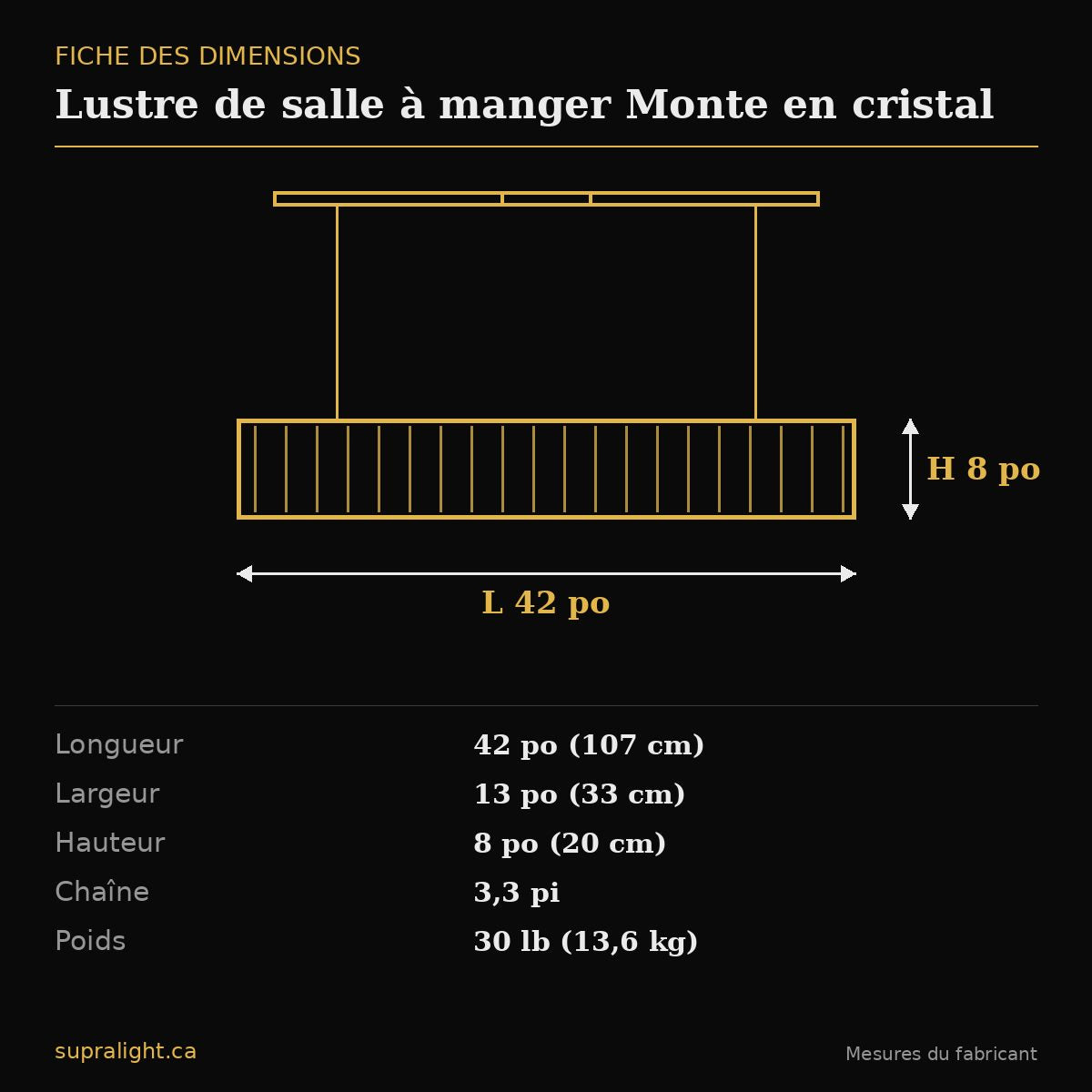 Lustre de salle à manger Monte en cristal – dimensions