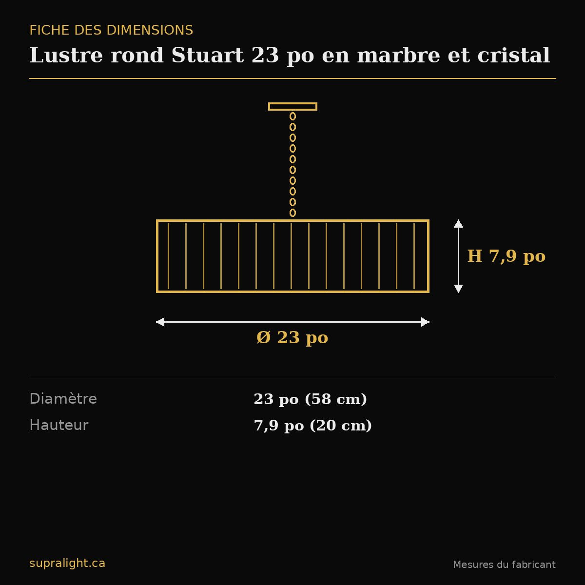 Lustre rond Stuart 23 po en marbre et cristal – dimensions
