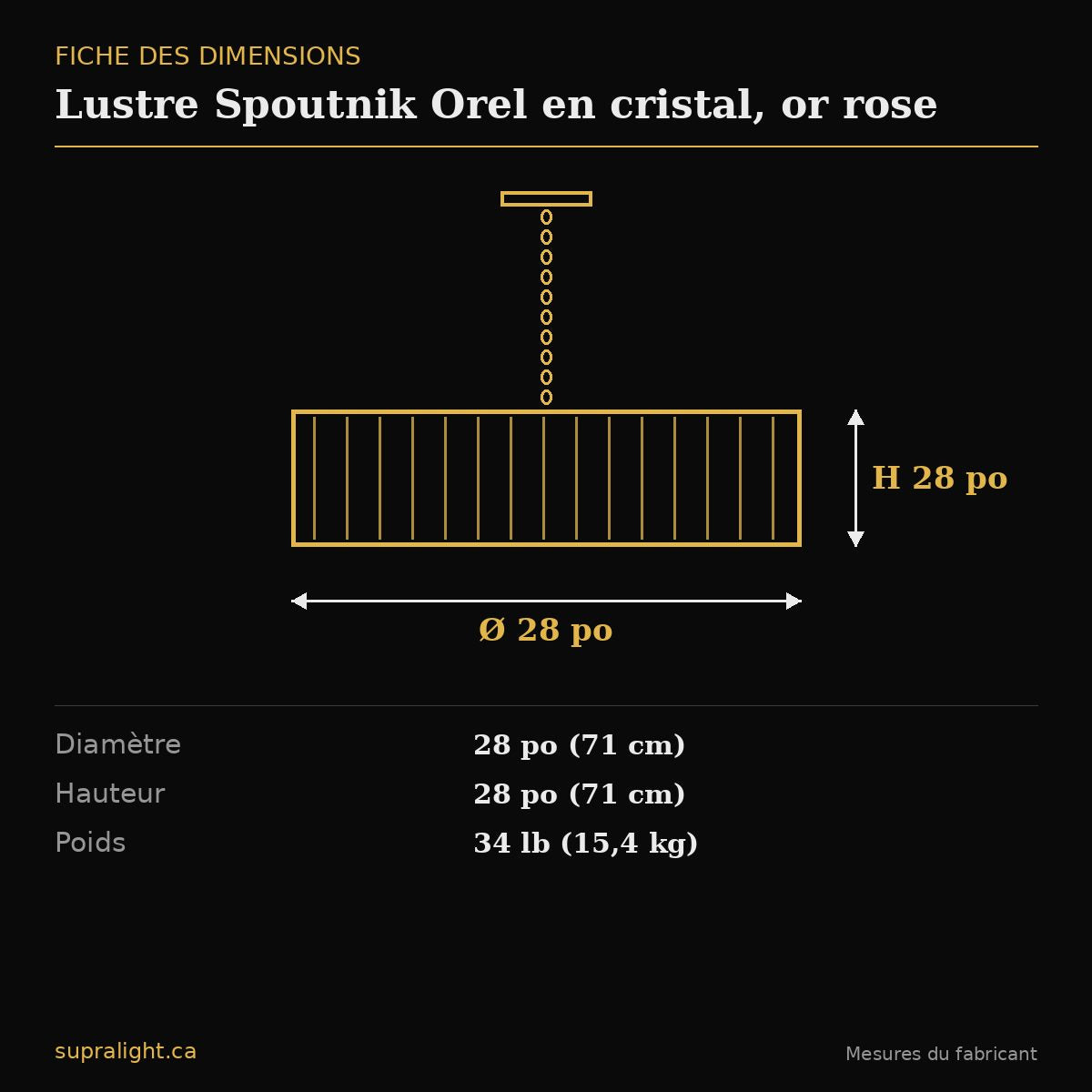 Lustre Spoutnik Orel en cristal, or rose – dimensions