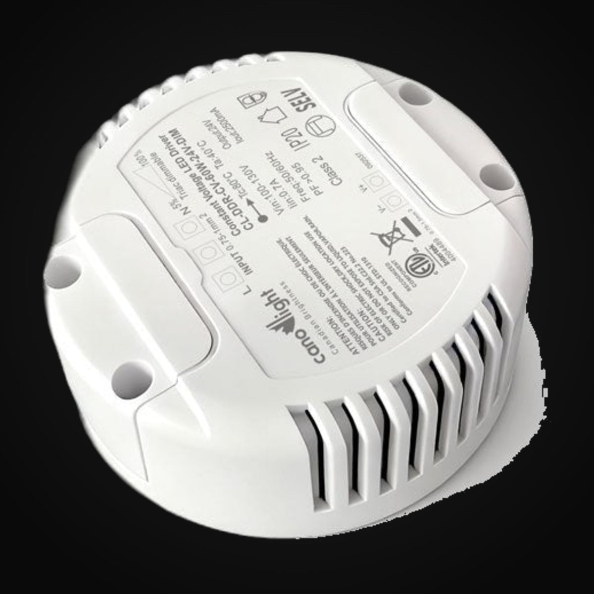 Pilote DEL rond 79x31 mm, 60 W, sortie 24 V c.c., tension constante gradable triac, classe 2, sans scintillement