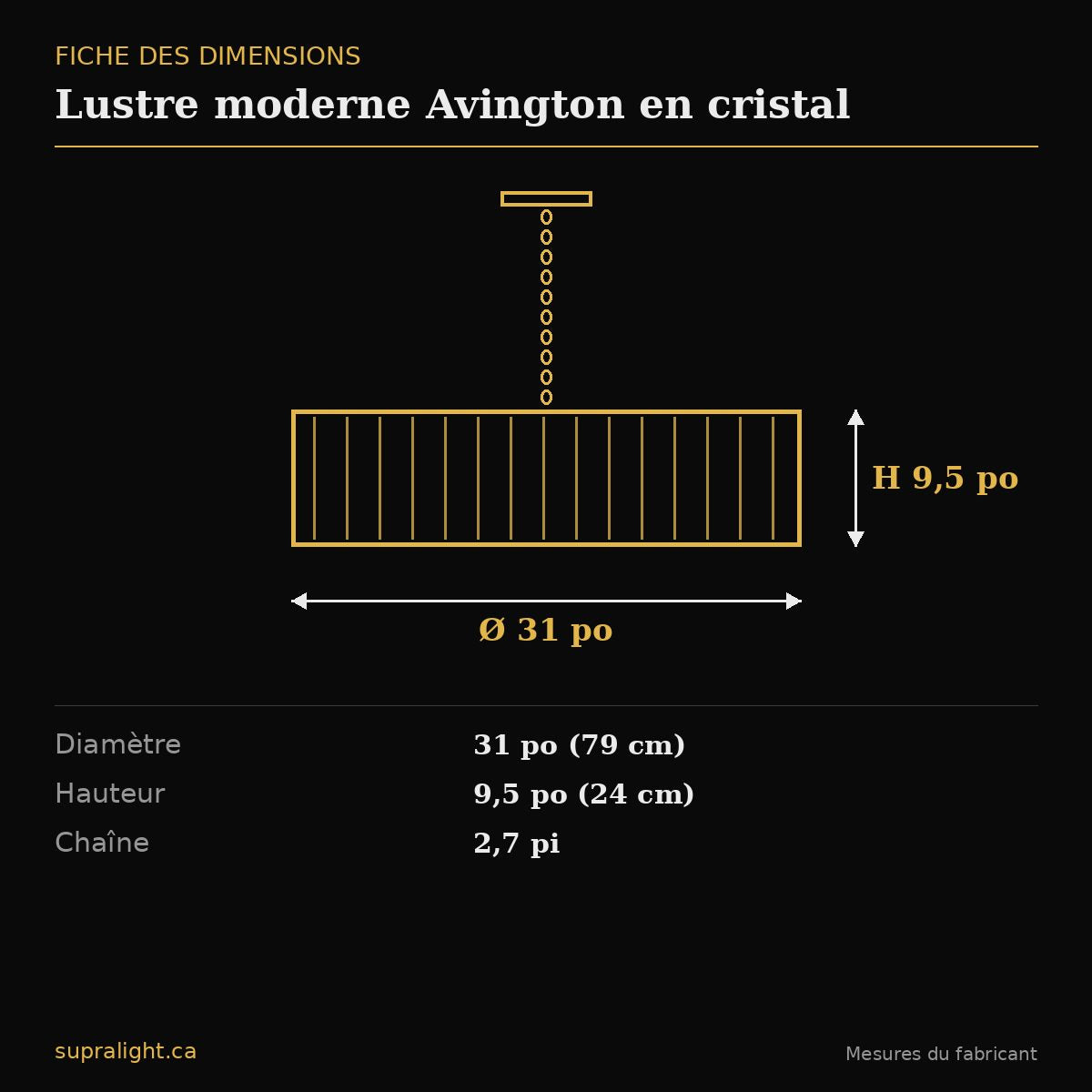 Lustre moderne Avington en cristal – dimensions