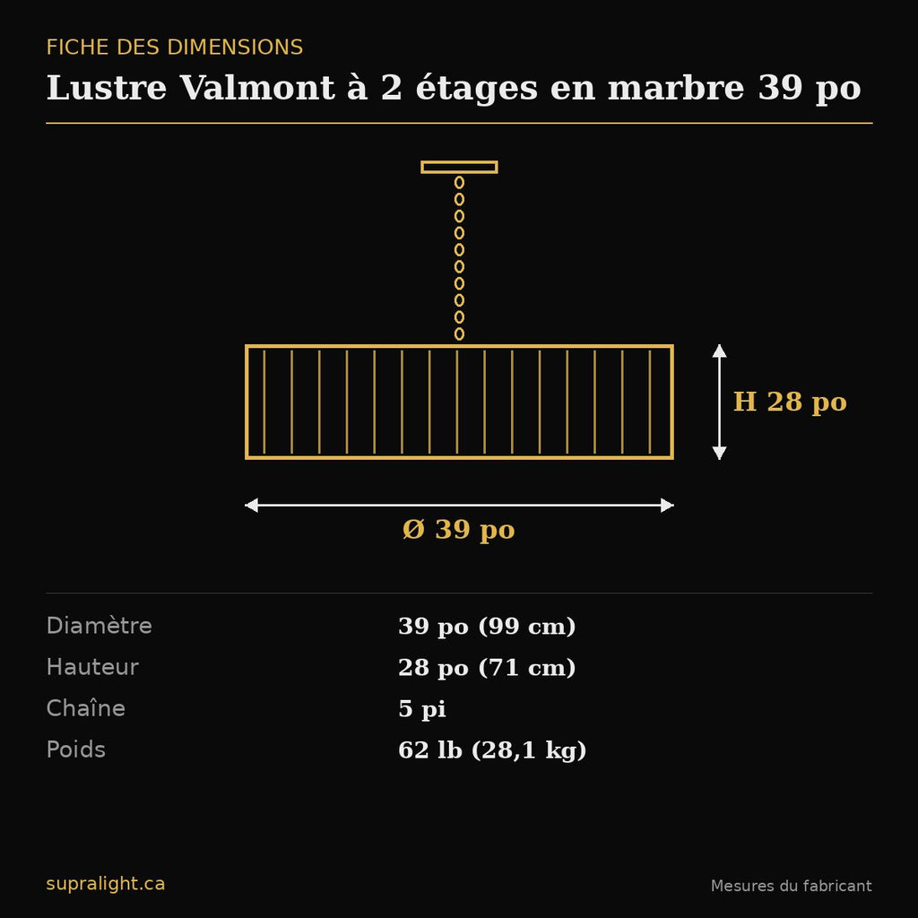 Lustre Valmont à 2 étages en marbre 39 po – dimensions