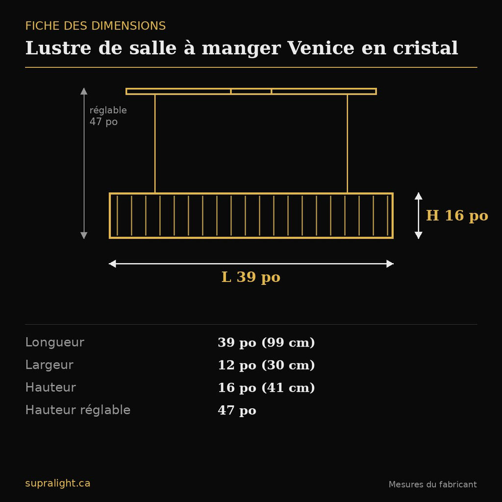 Lustre de salle à manger Venice en cristal – dimensions