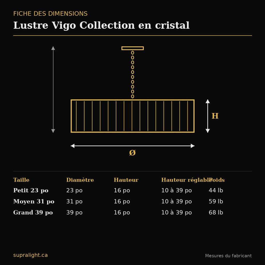 Lustre Vigo Collection en cristal – dimensions