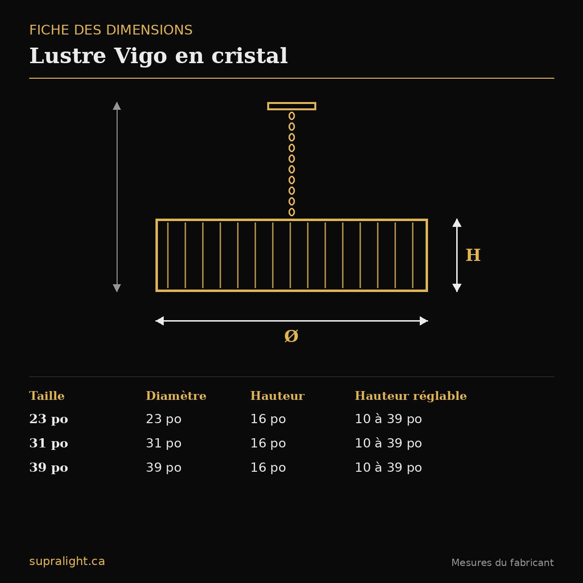 Lustre Vigo en cristal – dimensions