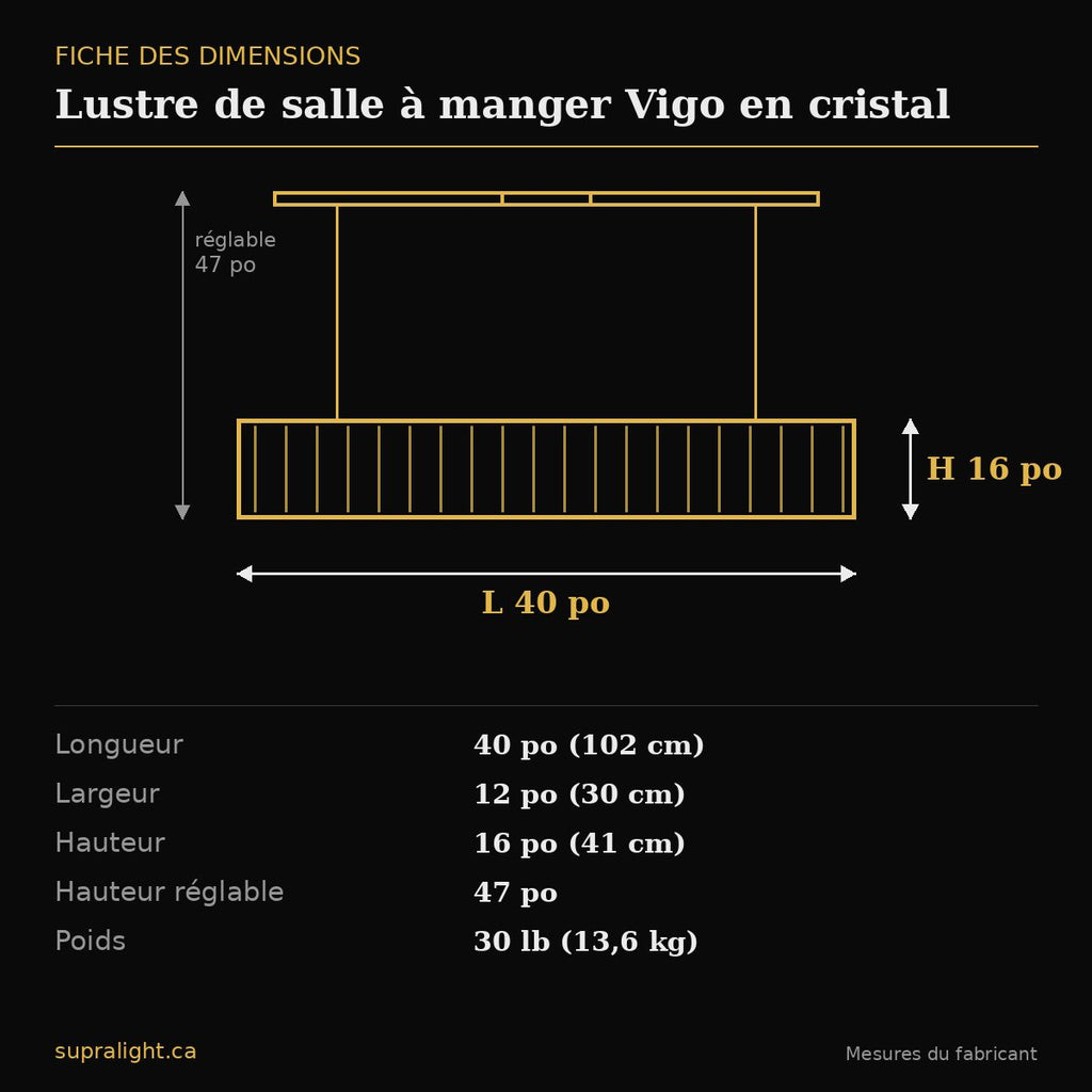 Lustre de salle à manger Vigo en cristal – dimensions
