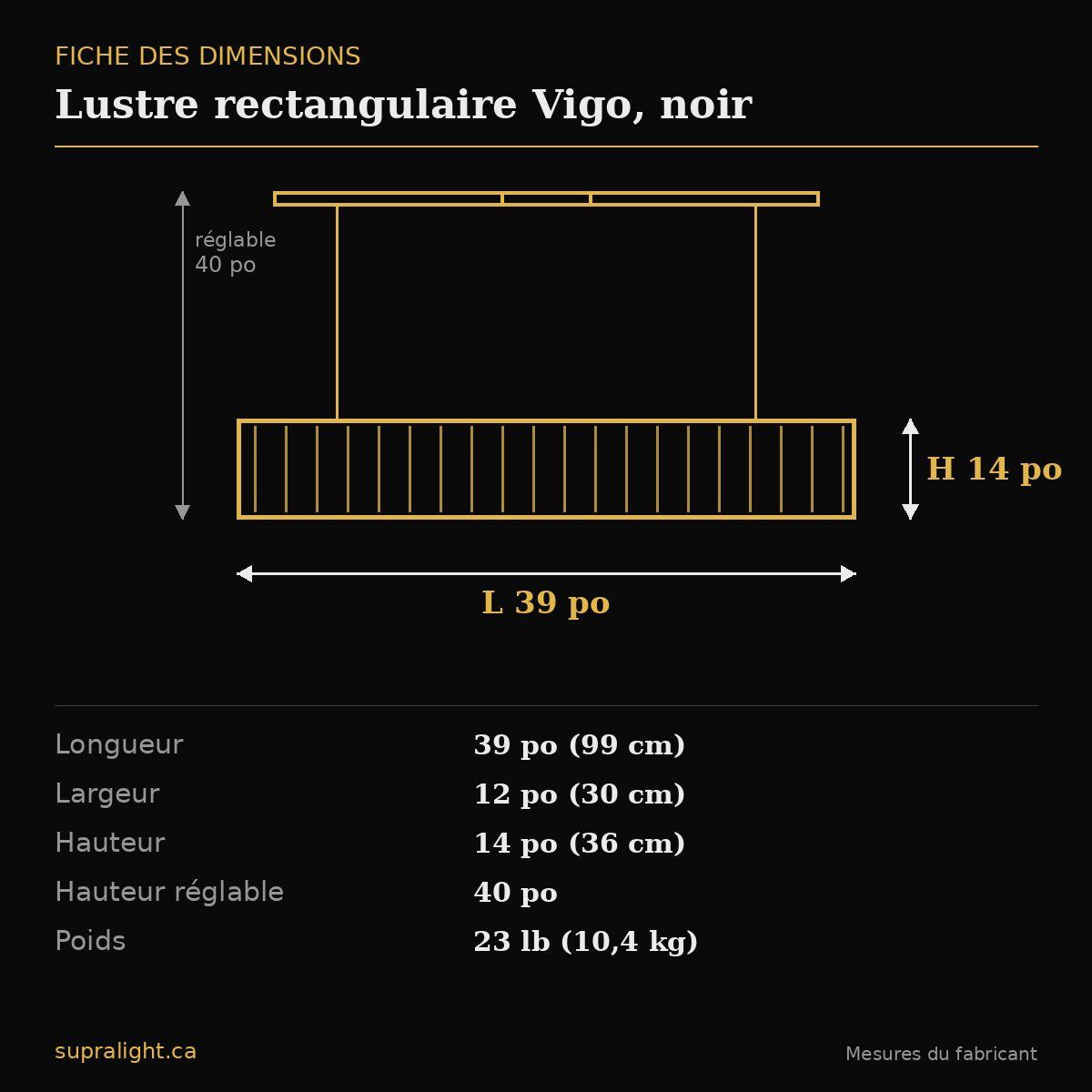 Lustre rectangulaire Vigo, noir – dimensions