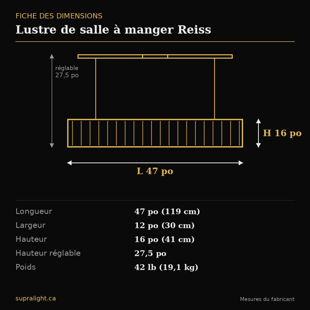 Lustre de salle à manger Reiss – dimensions