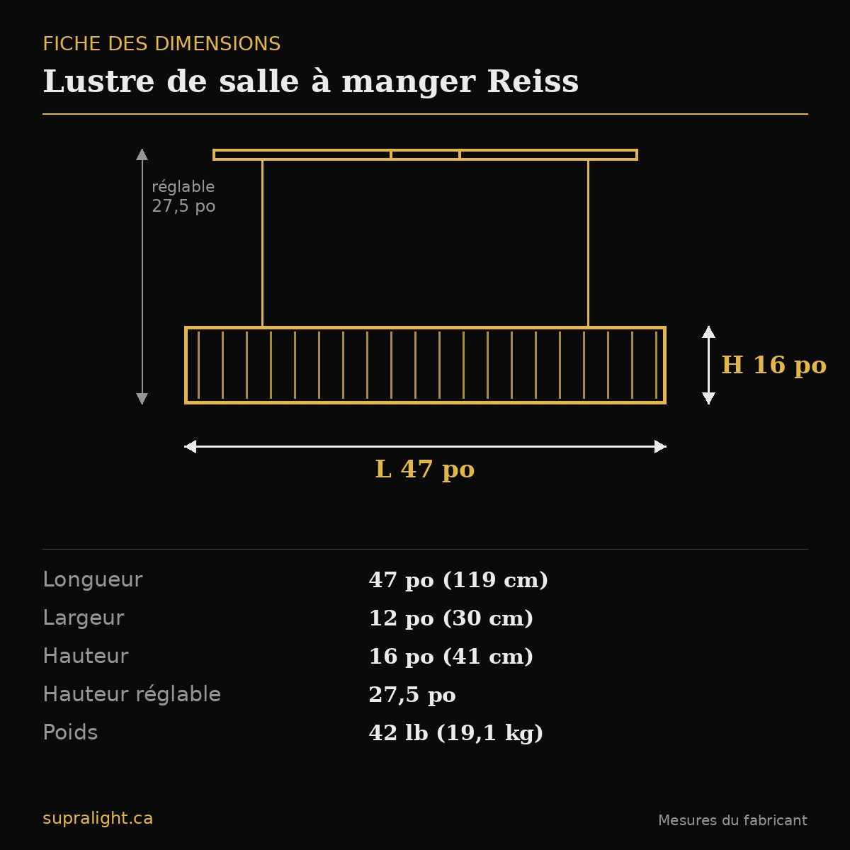 Lustre de salle à manger Reiss – dimensions