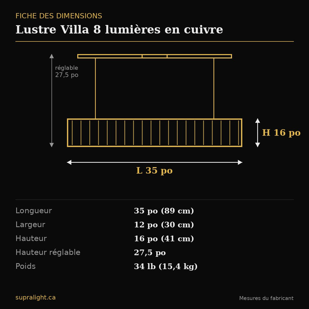 Lustre Villa 8 lumières en cuivre – dimensions