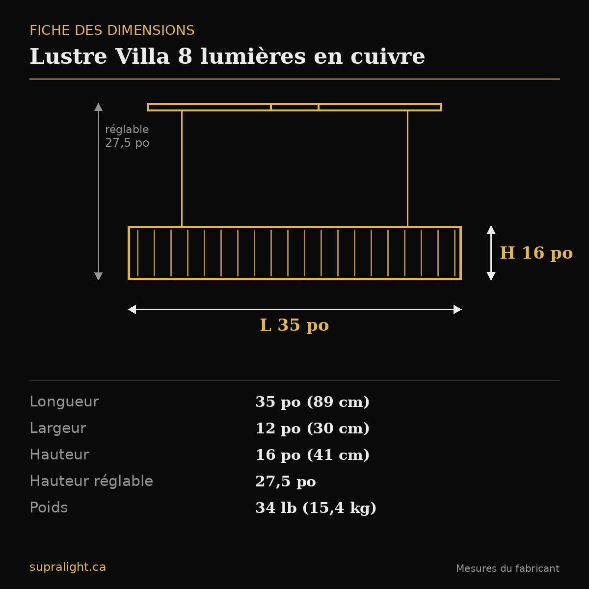 Lustre Villa 8 lumières en cuivre – dimensions