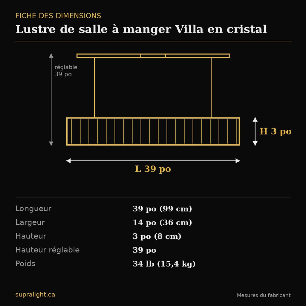 Lustre de salle à manger Villa en cristal – dimensions