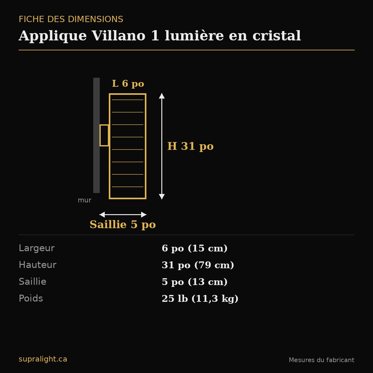 Applique Villano 1 lumière en cristal – dimensions