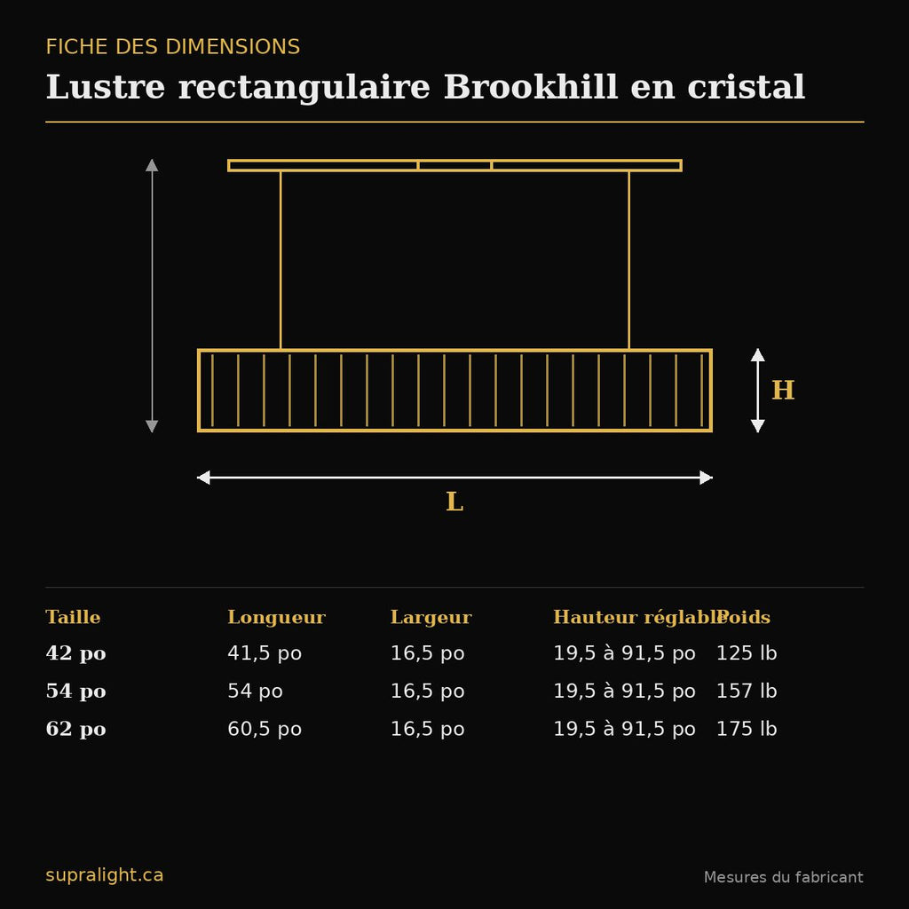 Lustre rectangulaire Brookhill en cristal – dimensions