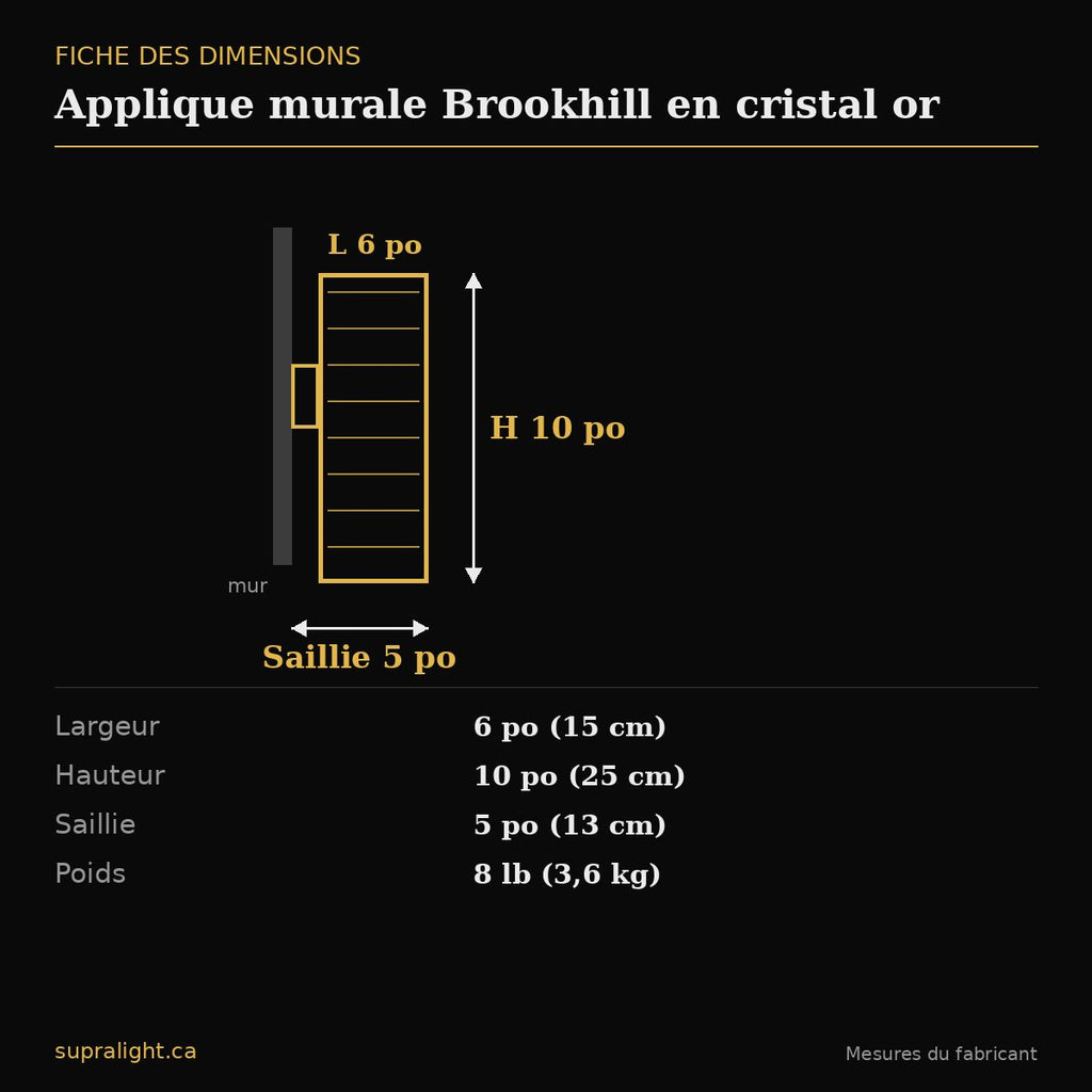 Applique murale Brookhill en cristal or – dimensions